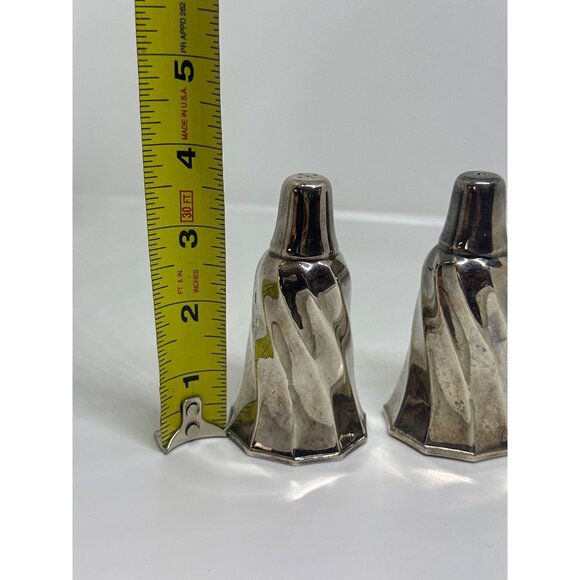 VTG Silver Plated Salt & Pepper Shakers Set 3.75" Swirl Decor MCM Hexagonal Base - Picture 6 of 6